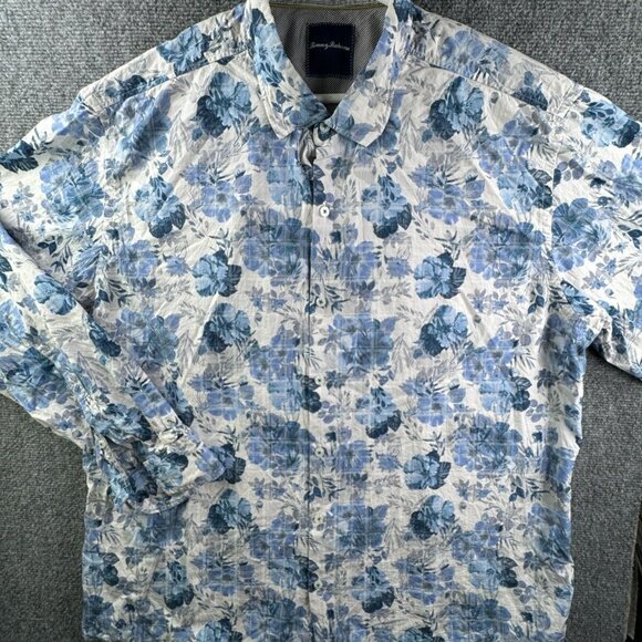 Tommy Bahama Silk Blend Button Up Shirt Long Sleeve Hawaiian Adult Blue Floral - Picture 1 of 16